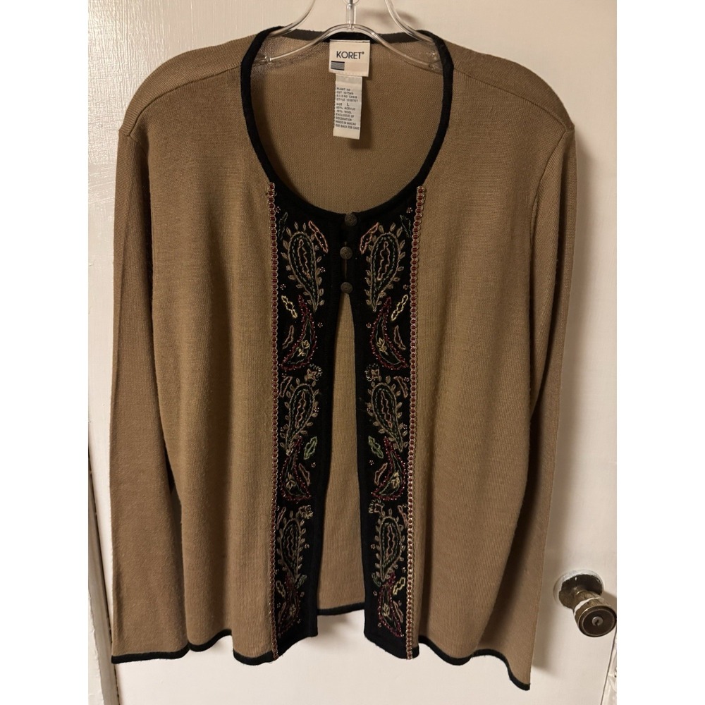 Vntg Koret Tan With Black Trim Paisley Embroidered Open Cardigan Size Large‎